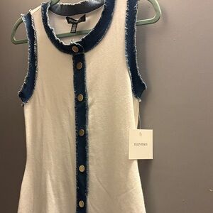 Ellen Tracy Cream and Blue Buttoned Dress